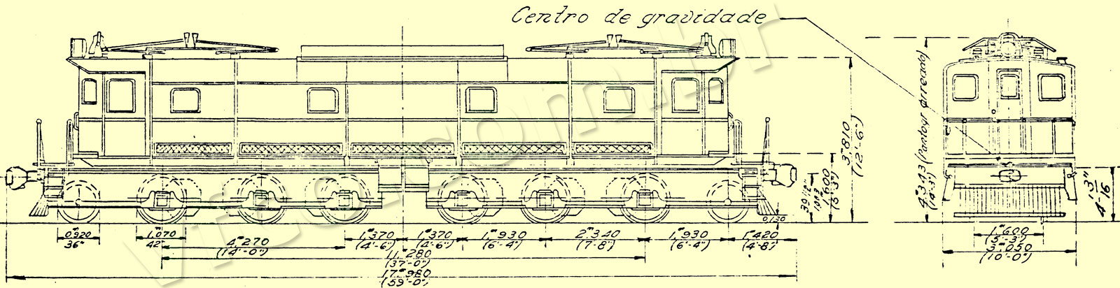 Desenho e medidas docomotiva elétrica 1-C+C-1 Metropolitan-Vickers nº 330 da CPEF - Francisco de Monlevade