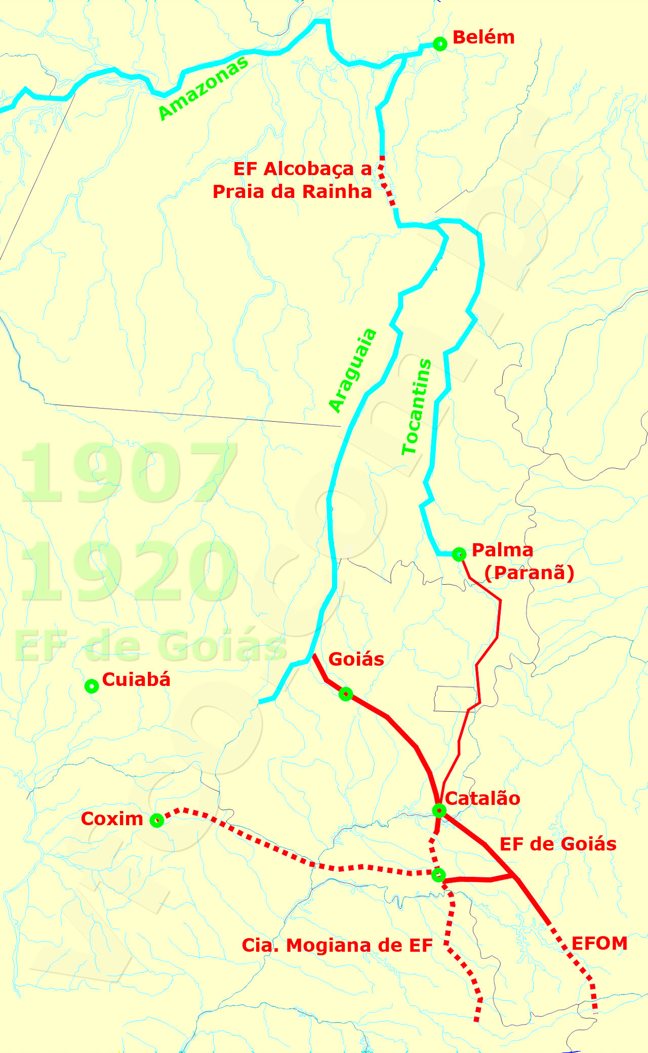 Estrada de Ferro Goiás, obrigada a construir longos trechos ferroviários em Minas Gerais, de 1907 a 1920