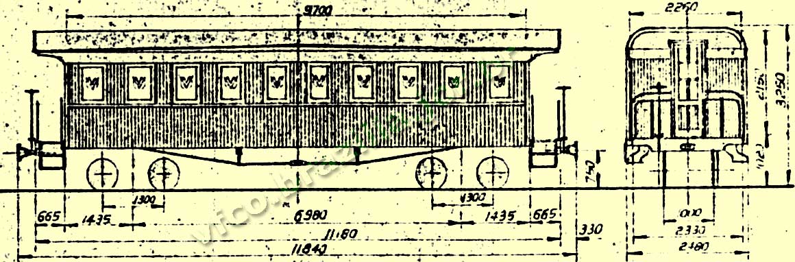 Planta do vagão de passageiros em madeira BC-1 (Primeira e Segunda Classes) da EFVM - desenho e medidas