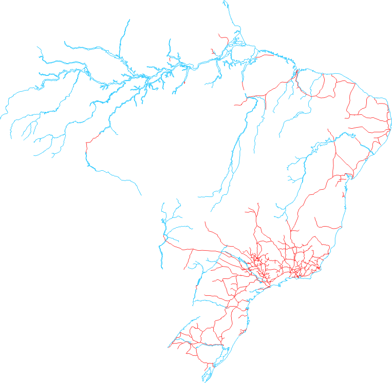 Mapa das estradas de ferro e sua relação com as hidrovias planejadas