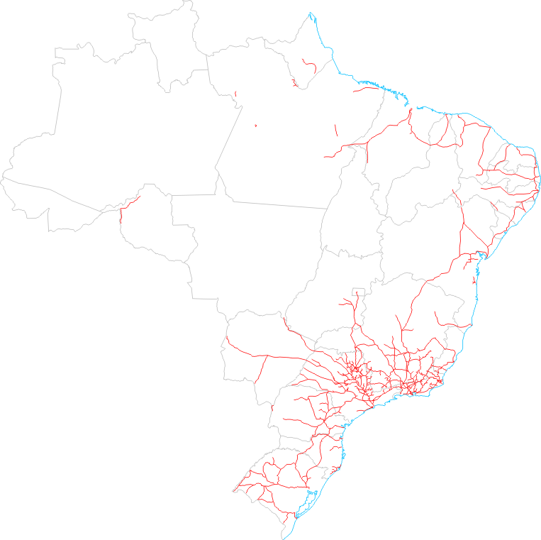 Mapa aproximado de todas as ferrovias brasileiras  inclusive as já erradicadas  em relação aos Estados atuais