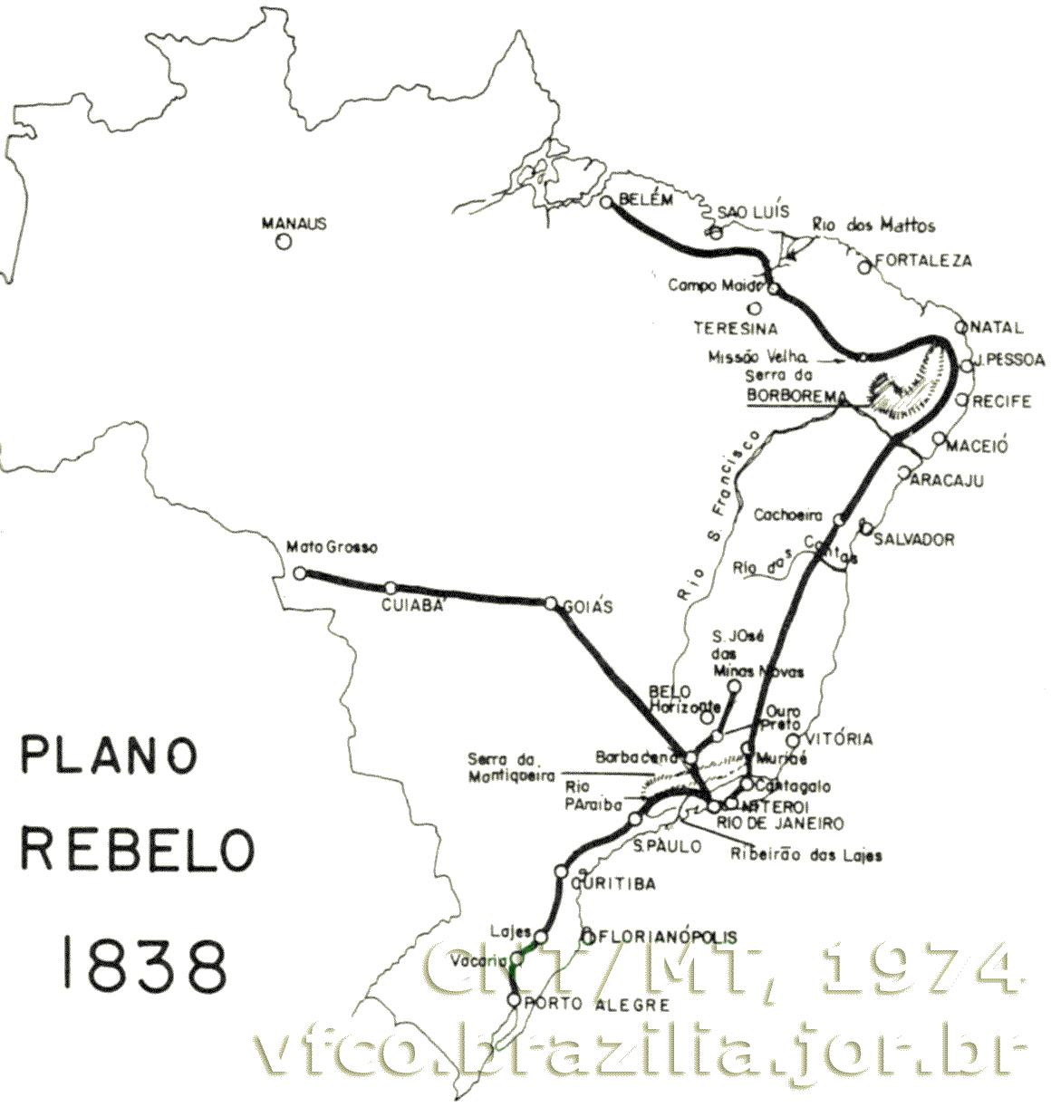 Traçados viários do Plano Rebelo, prolongando as estradas de ferro do chamado Decreto Feijó