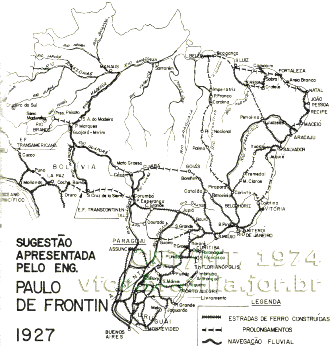Mapa das ferrovias propostas por Paulo de Frontin em 1927