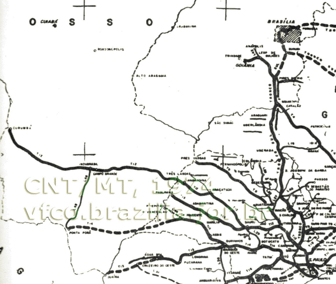 Mapa das ferrovias previstas pelo PNV - Plano Nacional de Viação de 1964 a oeste de Brasília