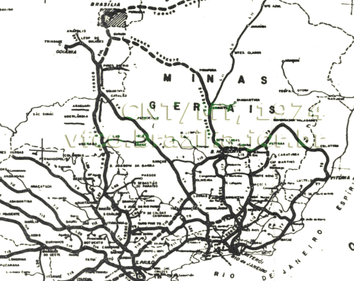 Mapa das ferrovias do Plano Nacional de Viação - 1964 na região Sudeste do Brasil