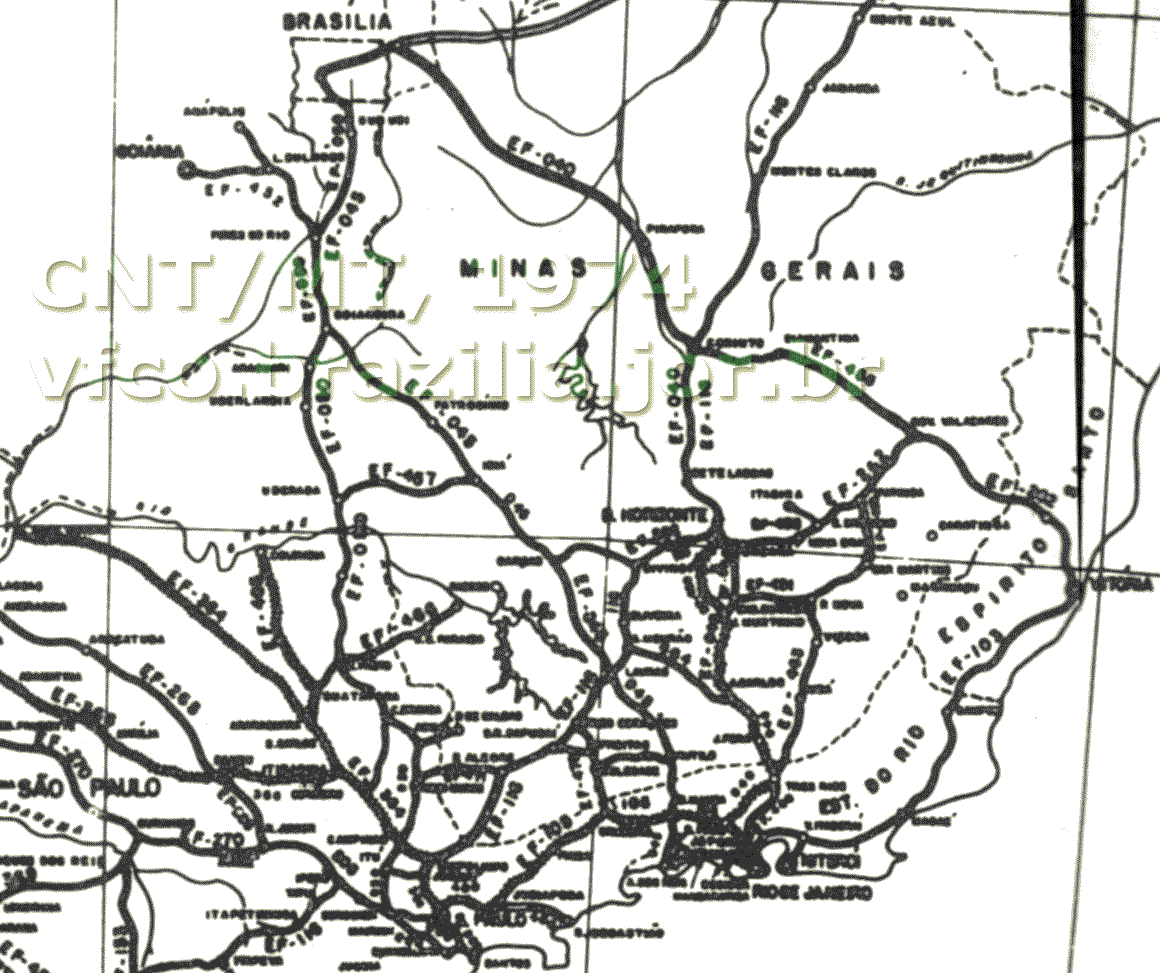 Mapa das ferrovias do Sudeste no Plano Nacional de Viação (PNV) de 1973