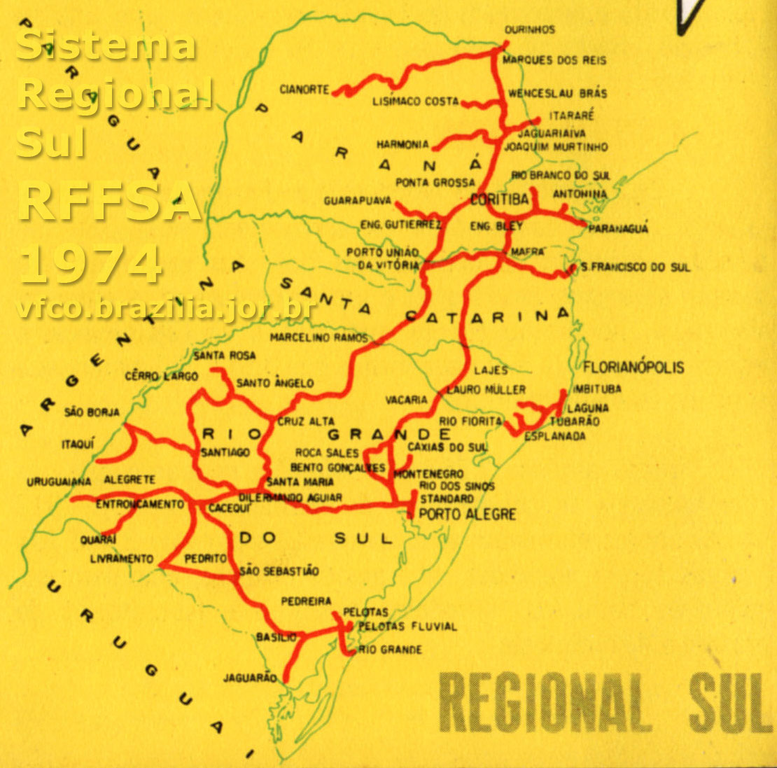 Mapa dos trilhos do Sistema Regional Sul da RFFSA - Rede Ferroviária Federal em 1974