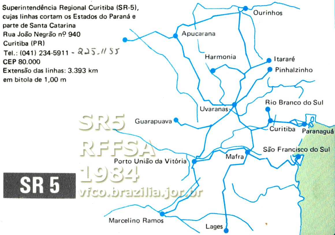 Mapa esquemático dos trilhos da SR-5 Curitiba da RFFSA - Rede Ferroviária Federal em 1984