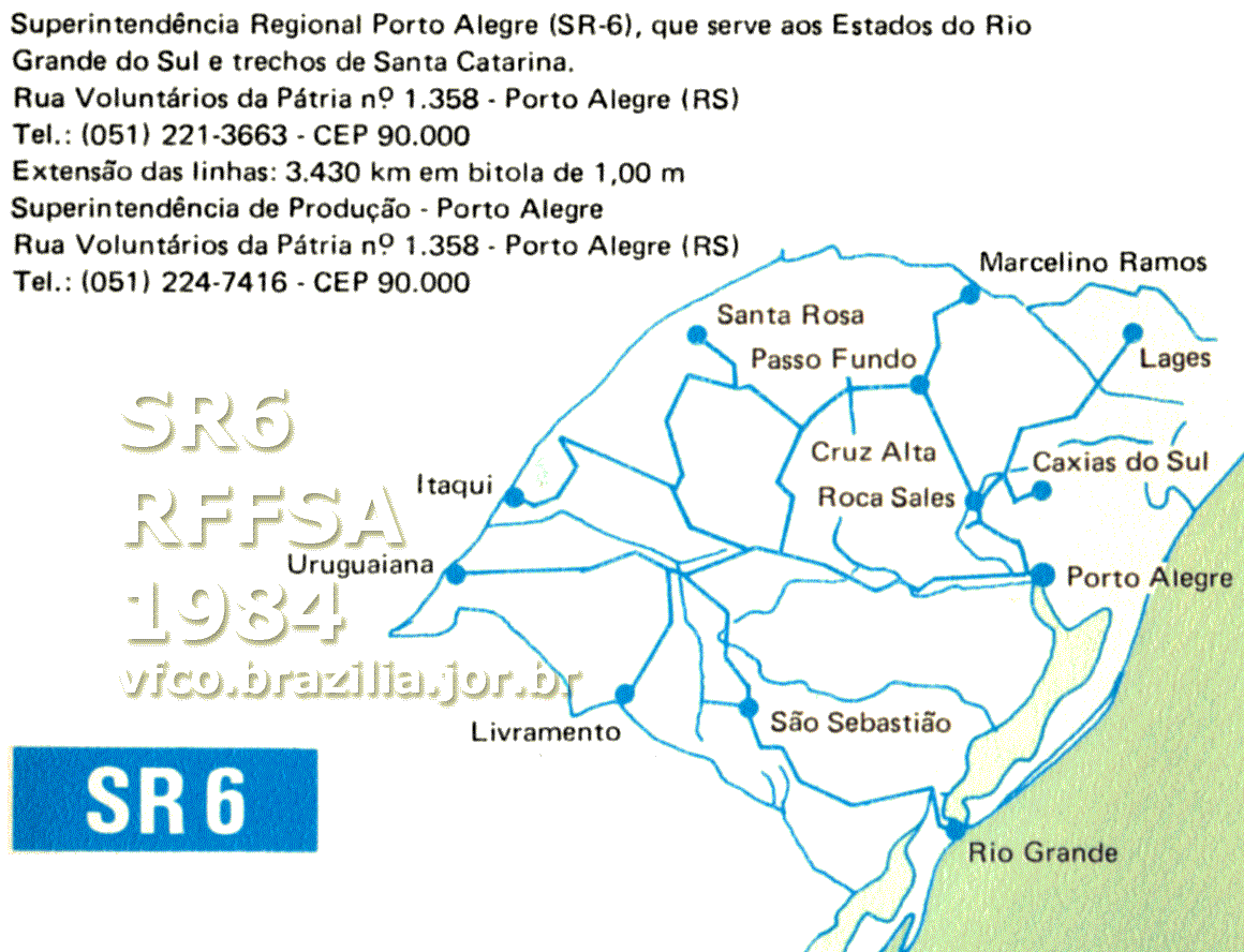 Mapa esquemático dos trilhos da SR-6 Porto Alegre da RFFSA - Rede Ferroviária Federal em 1984