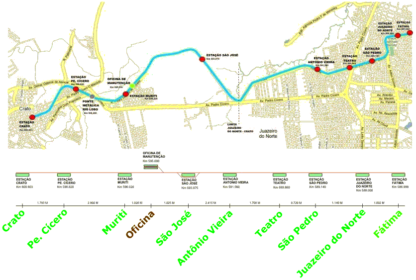Mapa do Metrô do Cariri com as estações e a oficina de manutenção