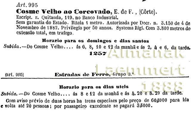 Estrada de Ferro do Cosme Velho ao Corcovado no Almanaque Laemmert de 1888