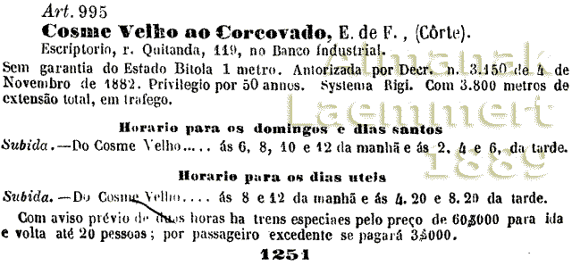 Estrada de Ferro do Cosme Velho ao Corcovado no Almanaque Laemmert de 1889
