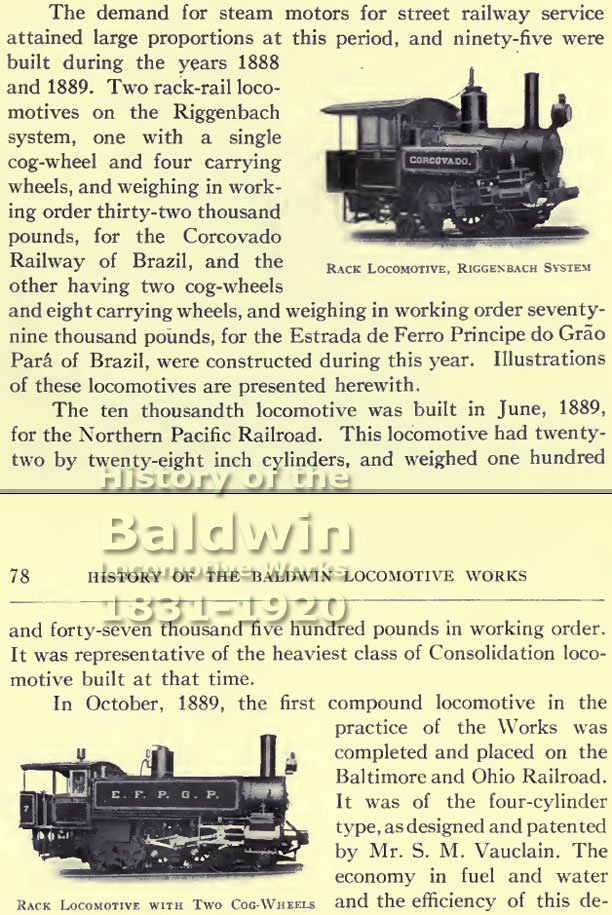 Informações e gravuras das locomotivas de cremalheira (rack) a vapor construídas em 1889-1889 para as estradas de ferro do Corcovado e Príncipe do Grão Pará em History of Baldwin Locomotive Works: 1831-1920