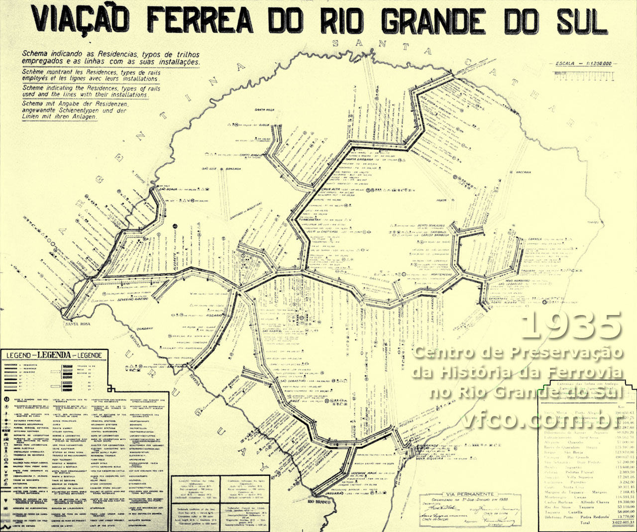 Mapa com a situação dos trilhos da ferrovia VFRGS em 1935