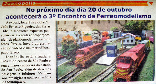 Notícia do 3º Encontro de Ferreomodelismo de Joanópolis na imprensa regional
