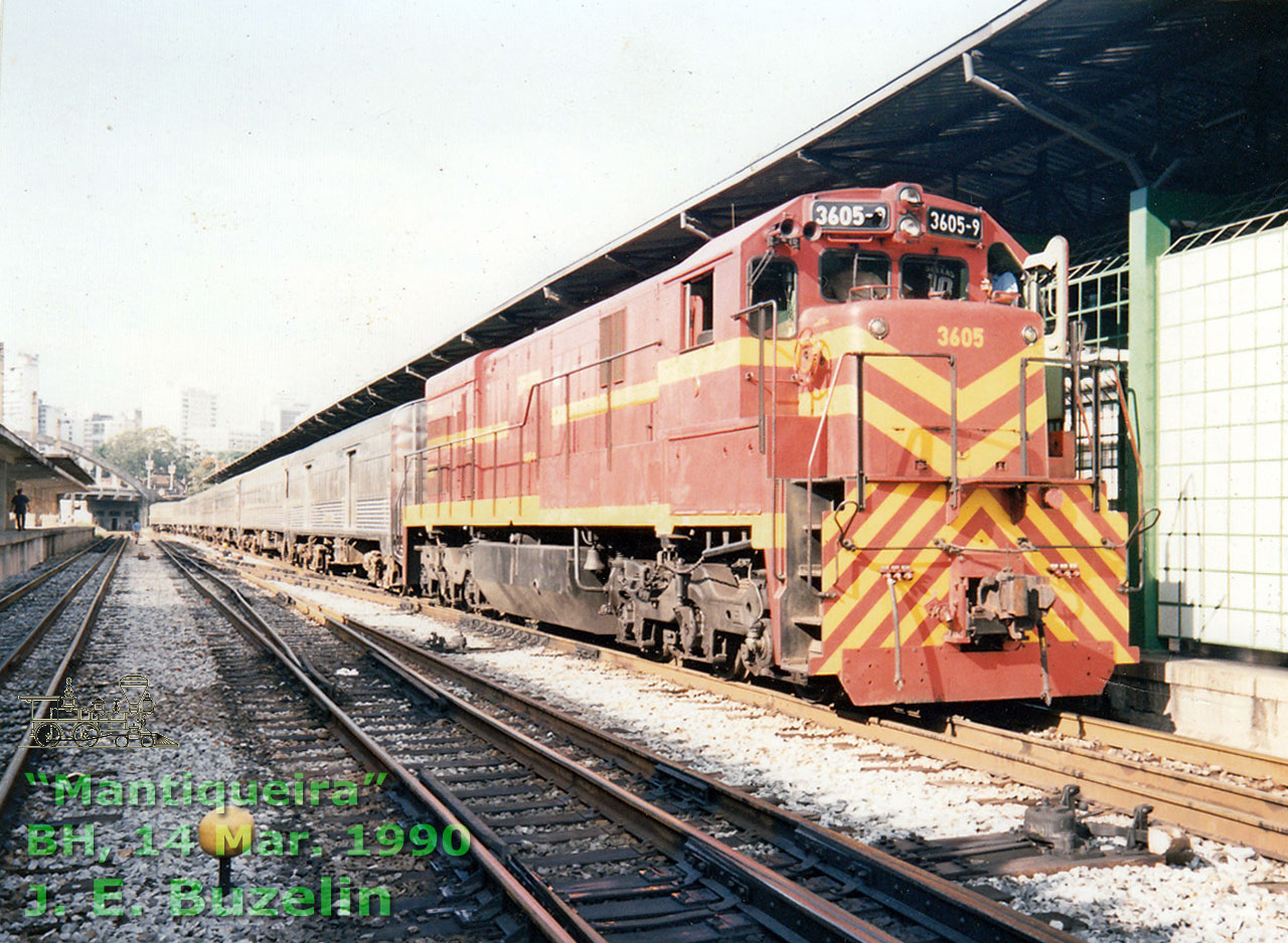 Locomotiva U23CA nº 3605 à frente da 8 carros Budd para a primeira e única viagem do Mantiqueira, 14 Mar. 1990, ligando Belo Horizonte a São Paulo pela Ferrovia do Aço