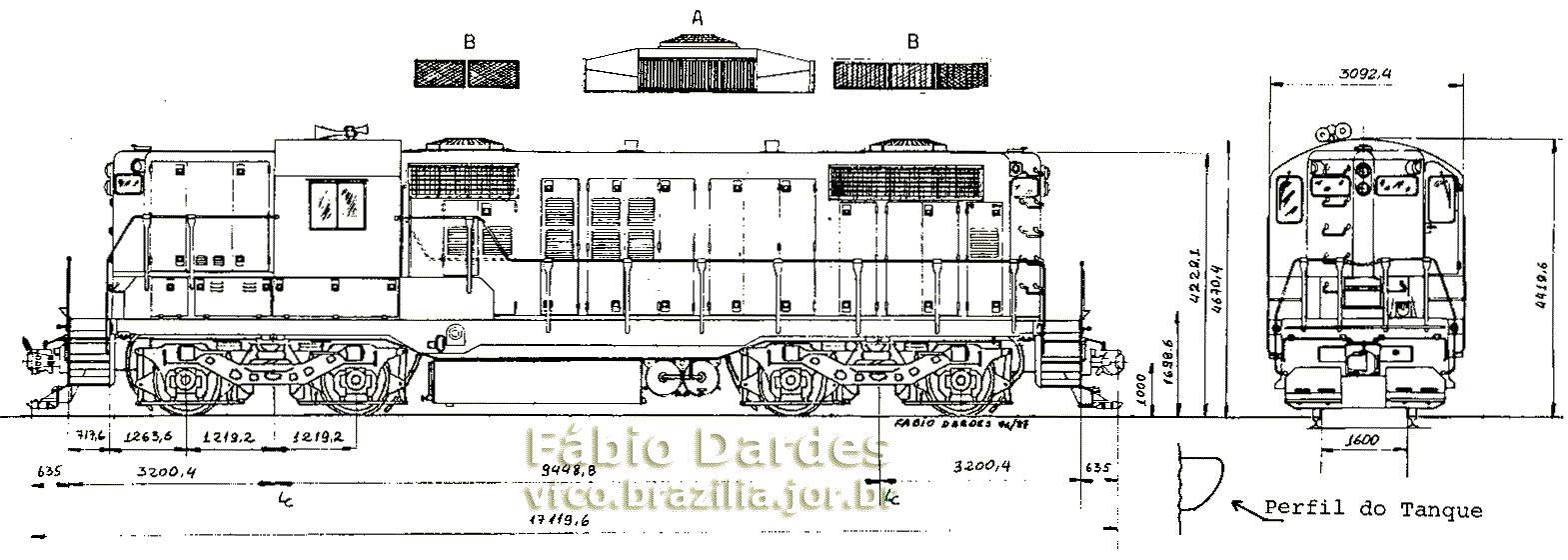 Desenho das locomotivas GP9L e GP18 com as medidas e modificaes a serem feitas no ferreomodelo