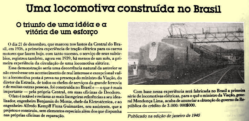 A notícia da construção da locomotiva elétrica "Ferro de Engomar" na Revista Ferroviária, em 1940