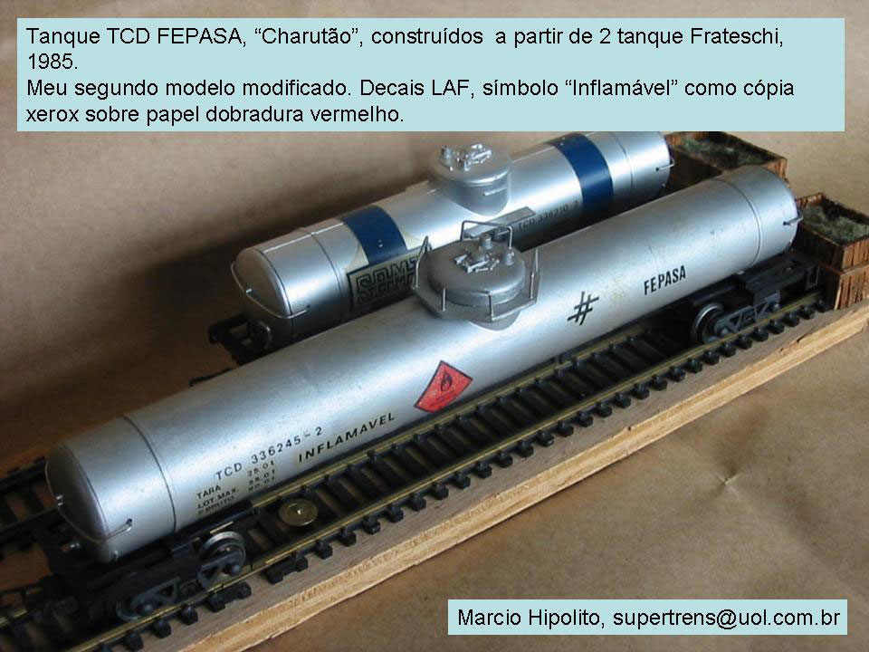 Ferreomodelo do vagão tanque TCD "charutão" da Fepasa - Ferrovias Paulistas, comparado ao ferreomodelo Frateschi do vagão Soma