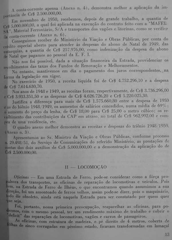 Página 13 do Relatório 1951 da Estrada de Ferro Ilhéus