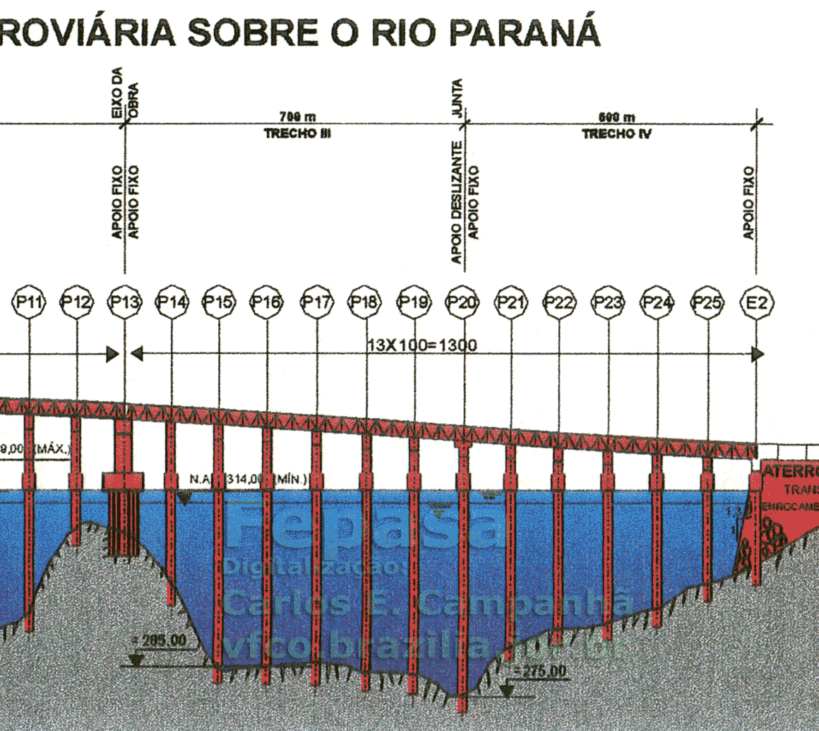 Perfil longitudinal da ponte rodoferroviária - Trechos 3 e 4