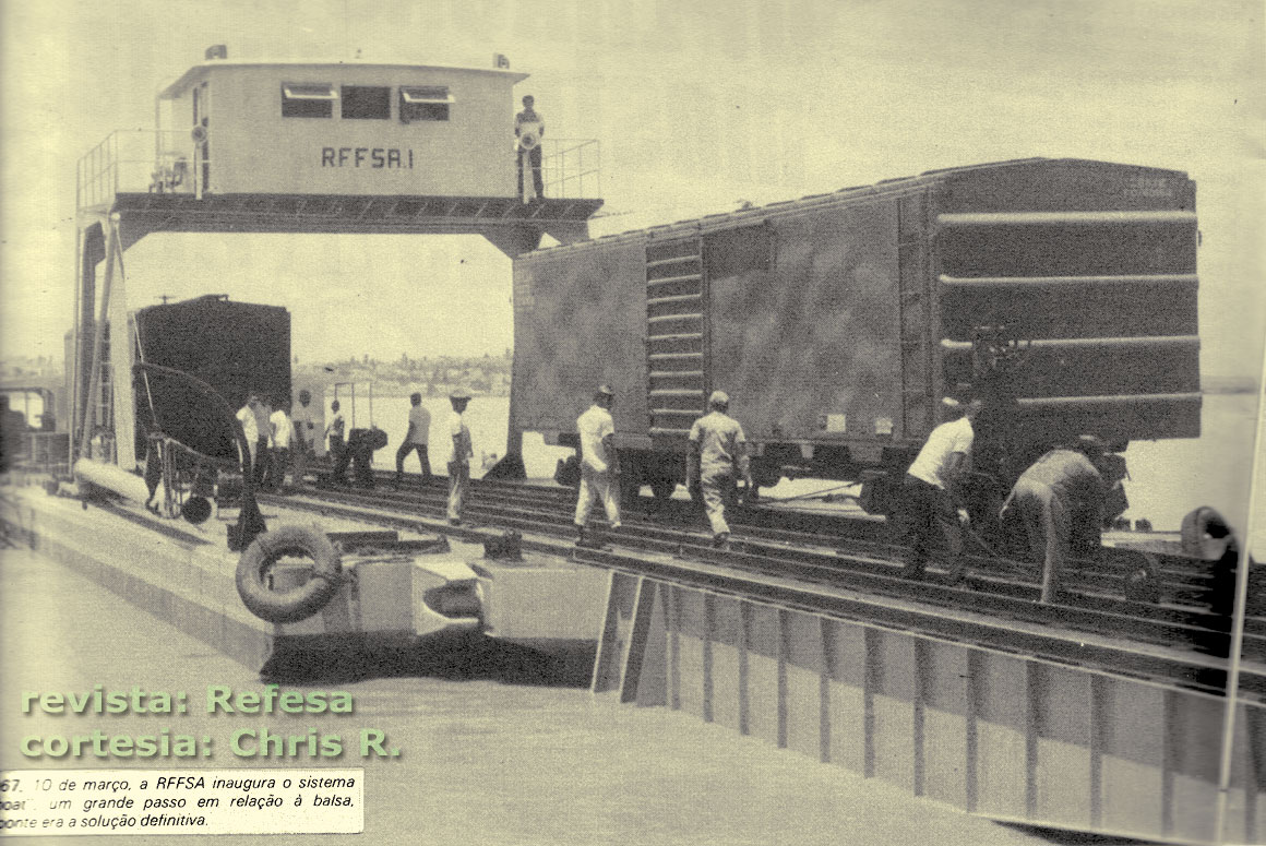 Engate da balsa à plataforma de manobra do plano inclinado para baldeação dos vagões do trem