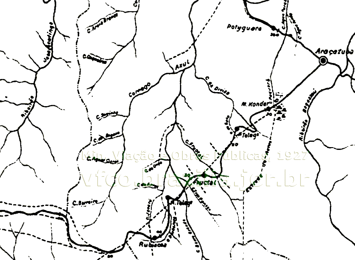 Mapa do Trecho Araçatuba - Valparaíso da variante da Estrada de Ferro Noroeste do Brasil