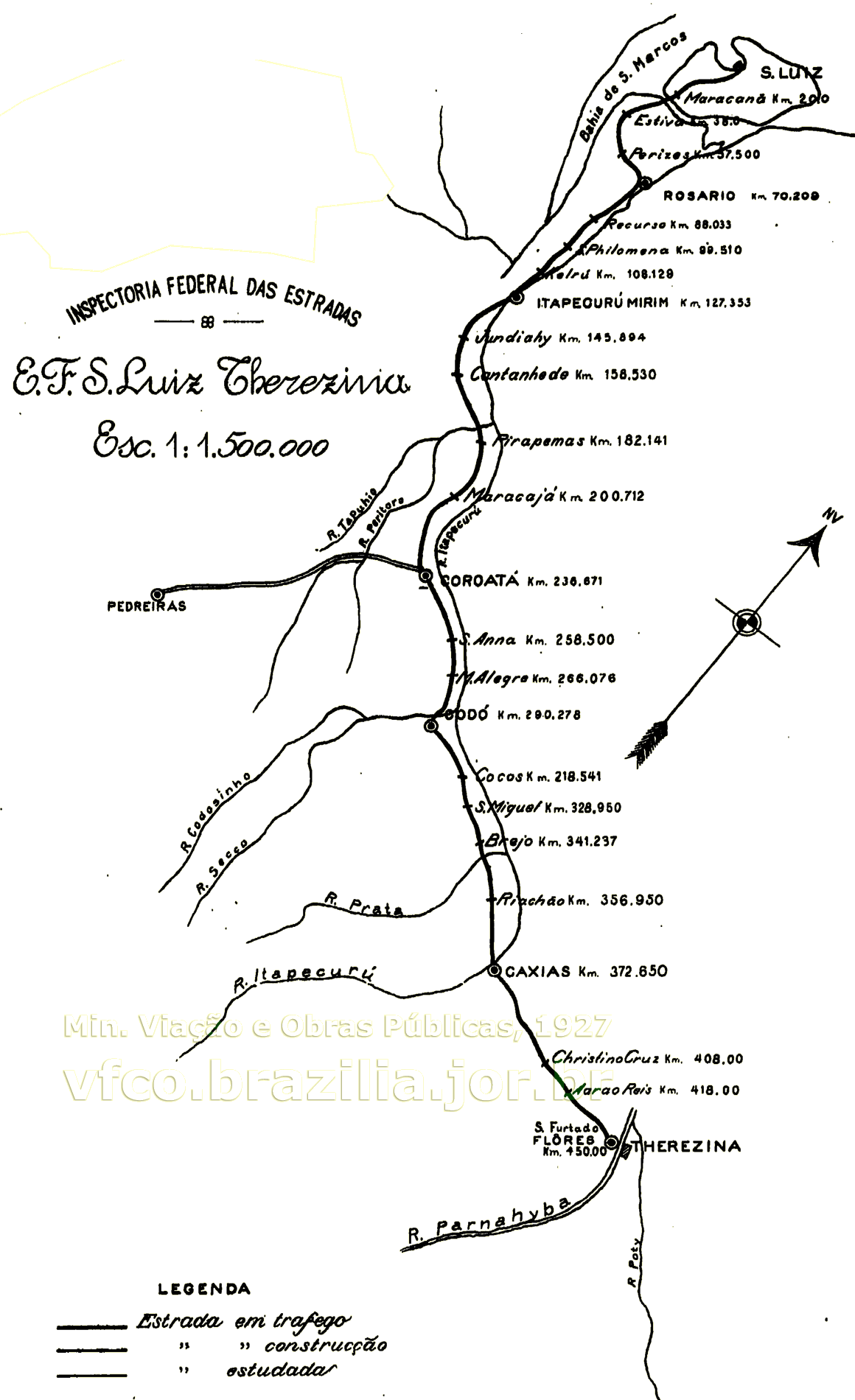 Mapa dos trilhos da Estrada de Ferro São Luís - Teresina - EFSLT em 1927