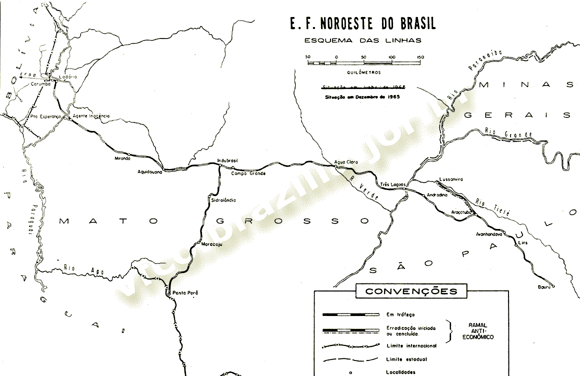 Mapa dos trilhos da Estrada de Ferro Noroeste do Brasil (NoB) em 1965 - Rede Ferroviária Federal (RFFSA)