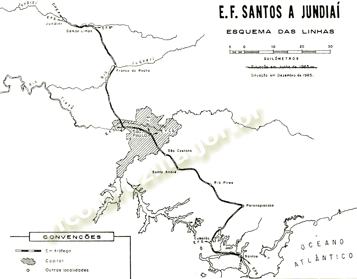 Mapa dos trilhos da Estrada de Ferro Santos a Jundiaí (EFSJ) em 1965 - Rede Ferroviária Federal (RFFSA)