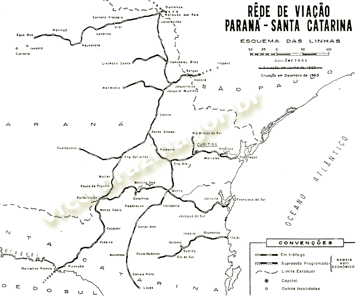 Mapa dos trilhos da RVPSC em 1965 - Rede Ferroviária Federal - RFFSA