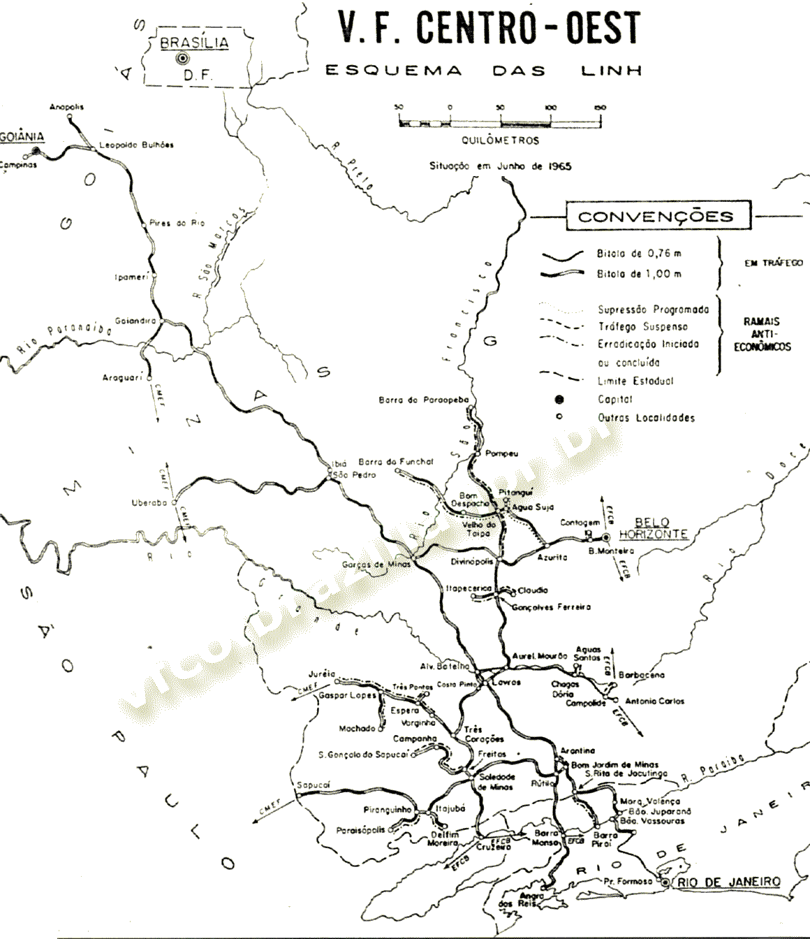 Mapa dos trilhos da Viação Férrea Centro-Oeste em Goiás e parte oeste de Minas Gerais em 1965