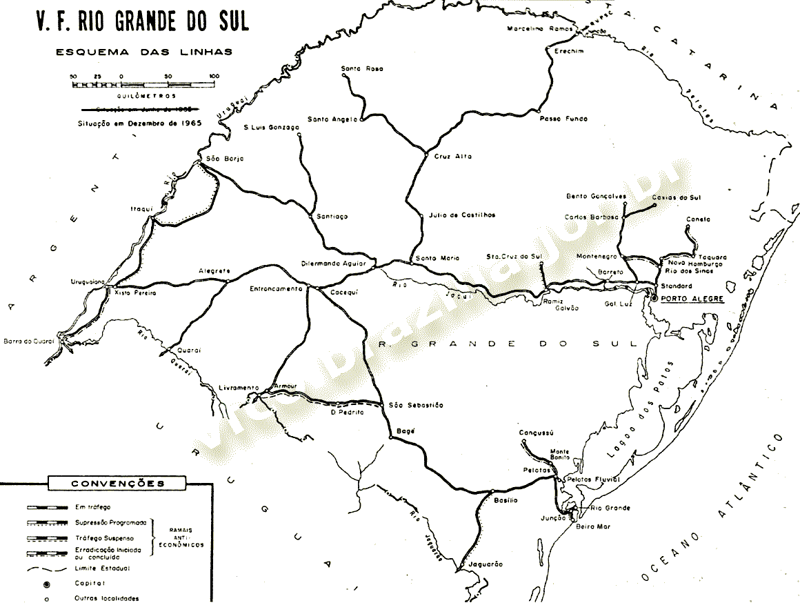 Mapa dos trilhos da VFRGS - Viação Férrea do Rio Grande do Sul, em 1965