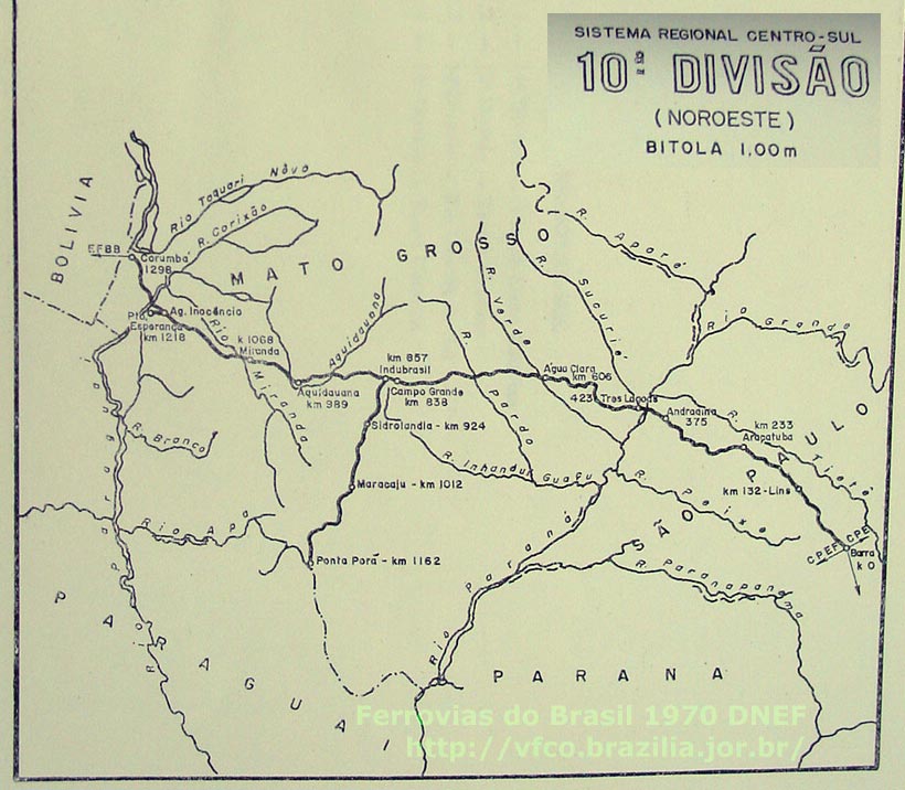 Mapa dos trilhos da 10ª Divisão - Noroeste, da RFFSA - Rede Ferroviária Federal, em 1970