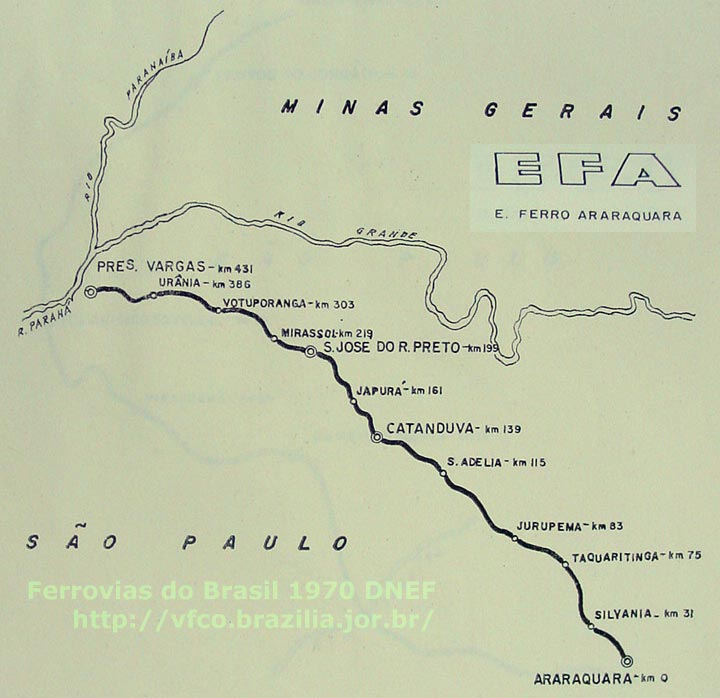 Mapa da Estrada de Ferro Araraquara em 1970