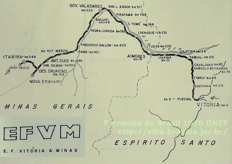 Mapa da Estrada de Ferro Vitória a Minas em 1970