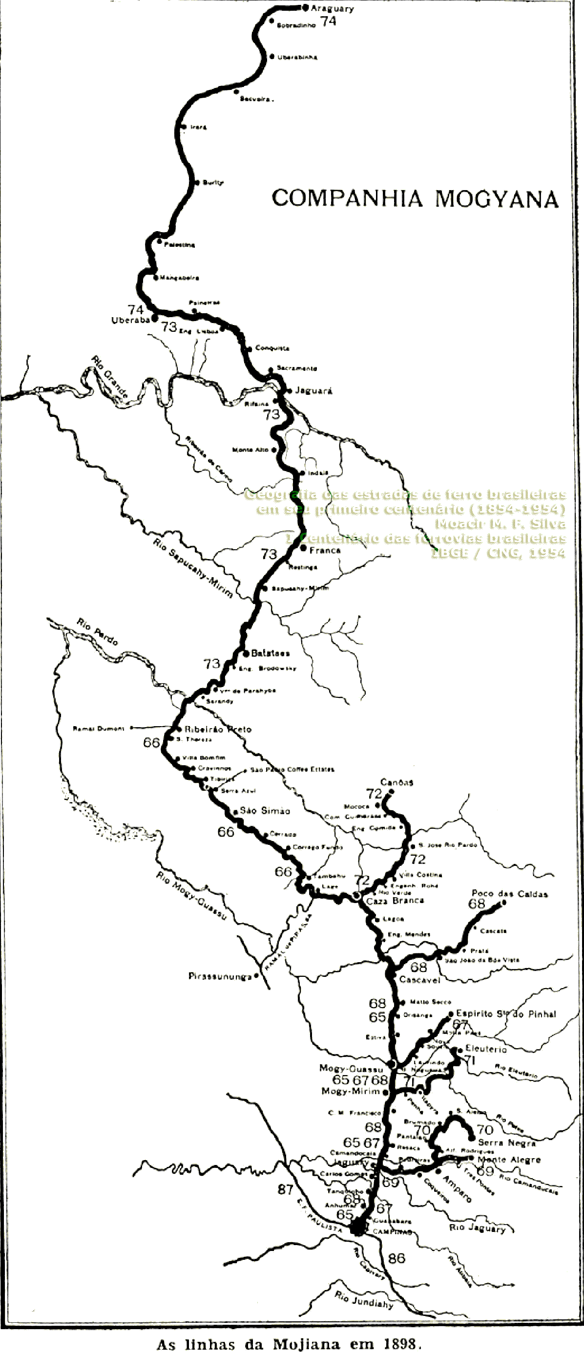 Mapa ferroviário dos trilhos da Companhia Mogiana de Estradas de Ferro em 1898