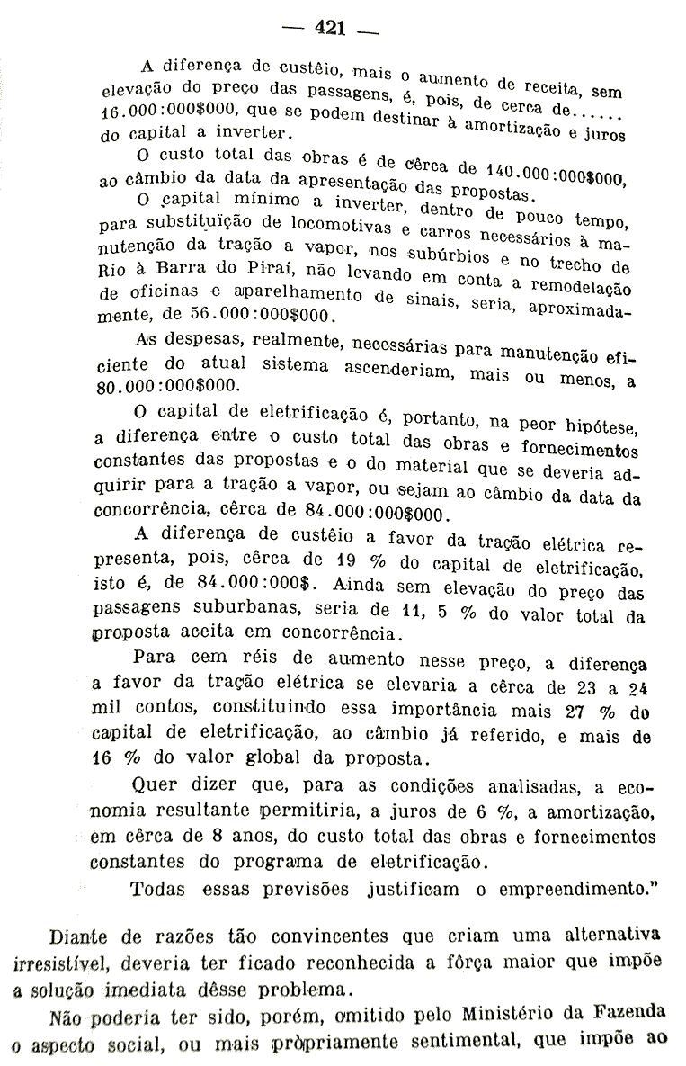 Exposição de Motivos do ministro da Viação e Obras Públicas em 1934 sobre a eletrificação dos trens de subúrbios da Estrada de Ferro Central do Brasil - página 421