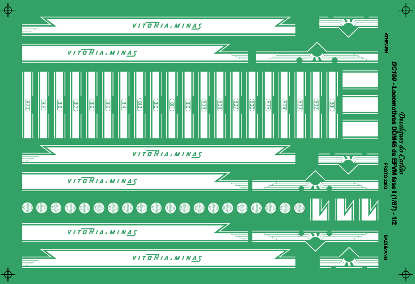 Folha de decalques para ferreomodelos de locomotiva DDM45 da EFVM - Estrada de Ferro Vitória a Minas - fase I - pintura da águia