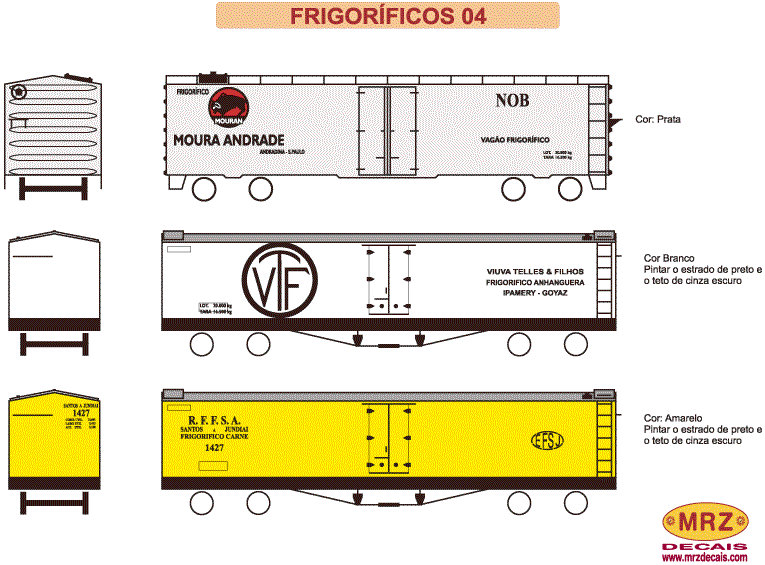Folha de instruções dos decais Vagões Frigoríficos nº 4: RFFSA / EFSJ, Anhanguera (VTF) e Mouran