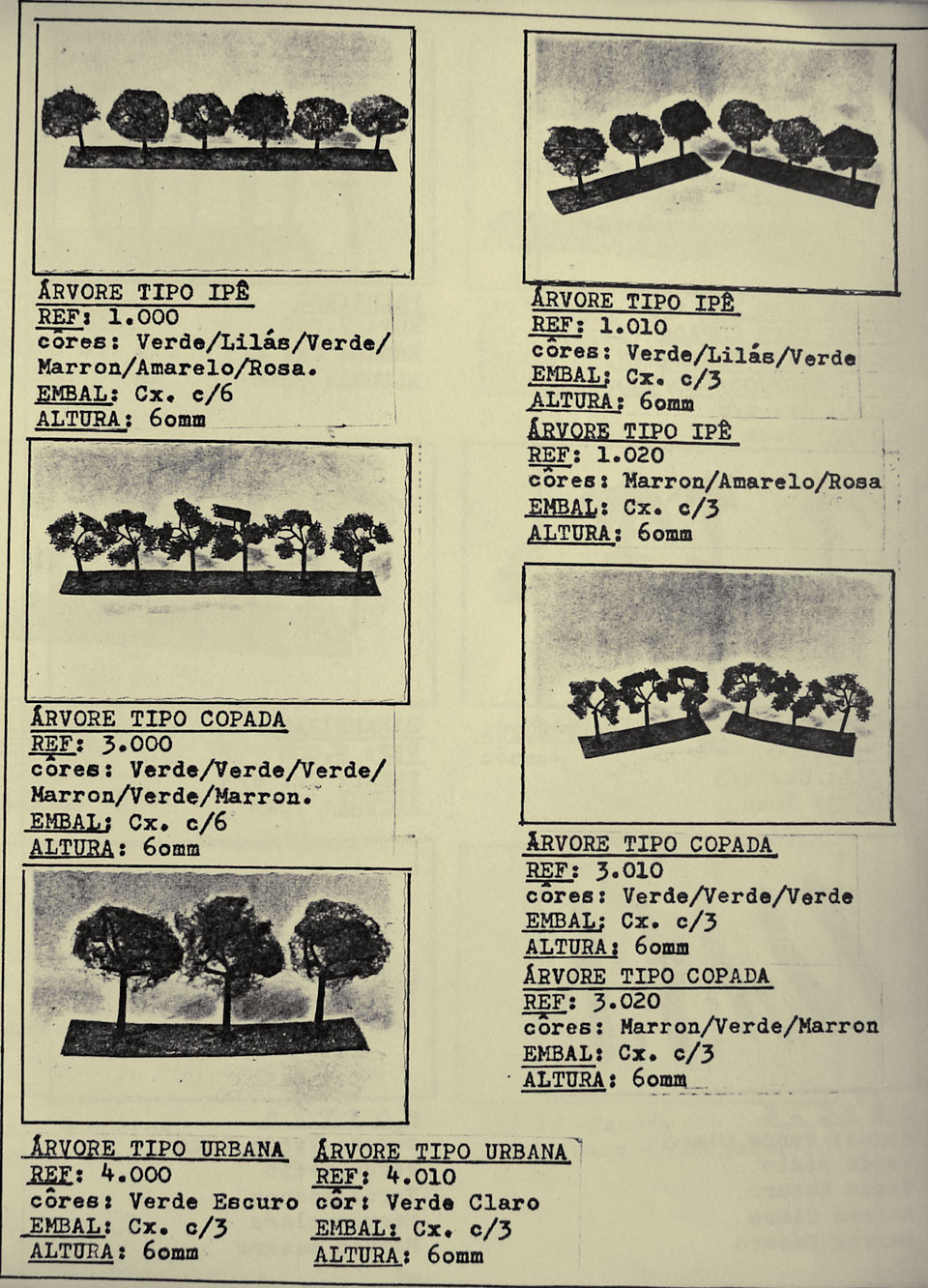 Página 9, com o mostruário de pequenas árvores e arbustos decorativos para maquetes de ferreomodelismo