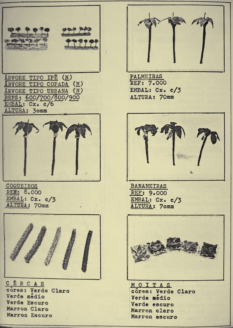 Página 10,  com o mostruário de pequenas árvores, coqueiros, bananeiras, moitas e cercas vivas decorativos para maquetes de ferreomodelismo