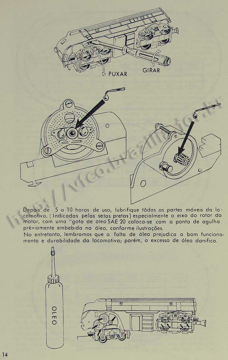 Orientações sobre a lubrificação do eixo do rotor do motor da locomotiva, na Página 14 do manual "Como montar e operar seu trem elétrico Atma" para maquete de ferreomodelismo
