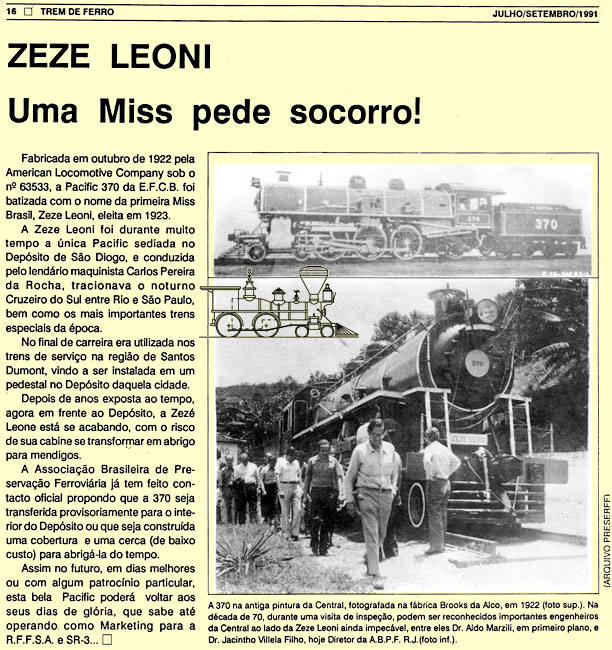 Artigo sobre a locomotiva Zezé Leone no jornal Trem de Ferro, da ABPF-RJ, em 1991