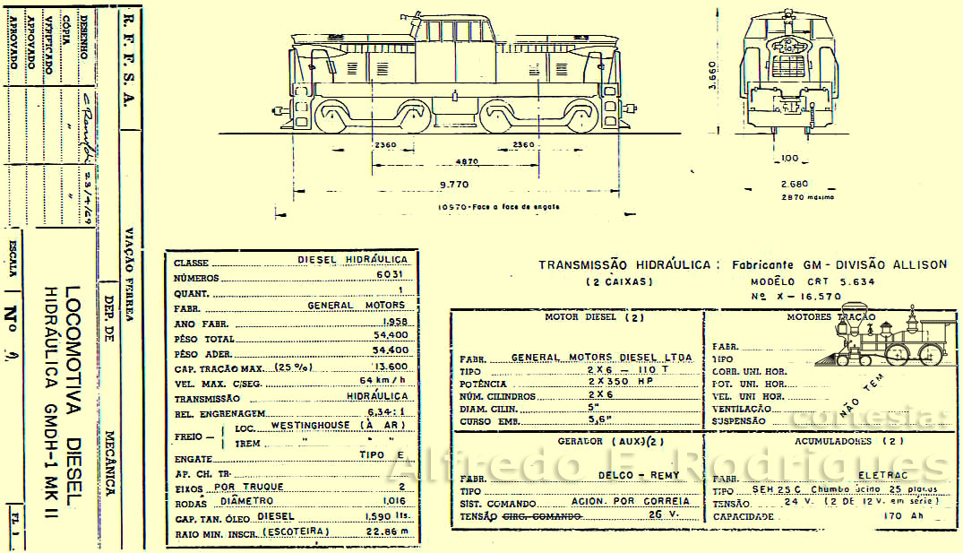 Desenho, medidas e especificações da locomotiva diesel-hidráulica GM DH-1 na planta da Viação Férrea / RFFSA