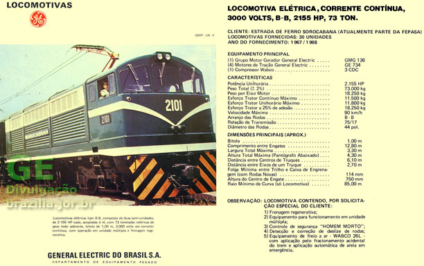 Características técnicas das locomotivas elétricas Minissaia construídas pela GE do Brasil para a Estrada de Ferro Sorocabana