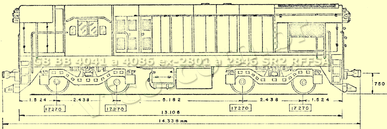 Locomotivas GM BB G8 nº 4041 a 4086 - Desenho lateral e medidas
