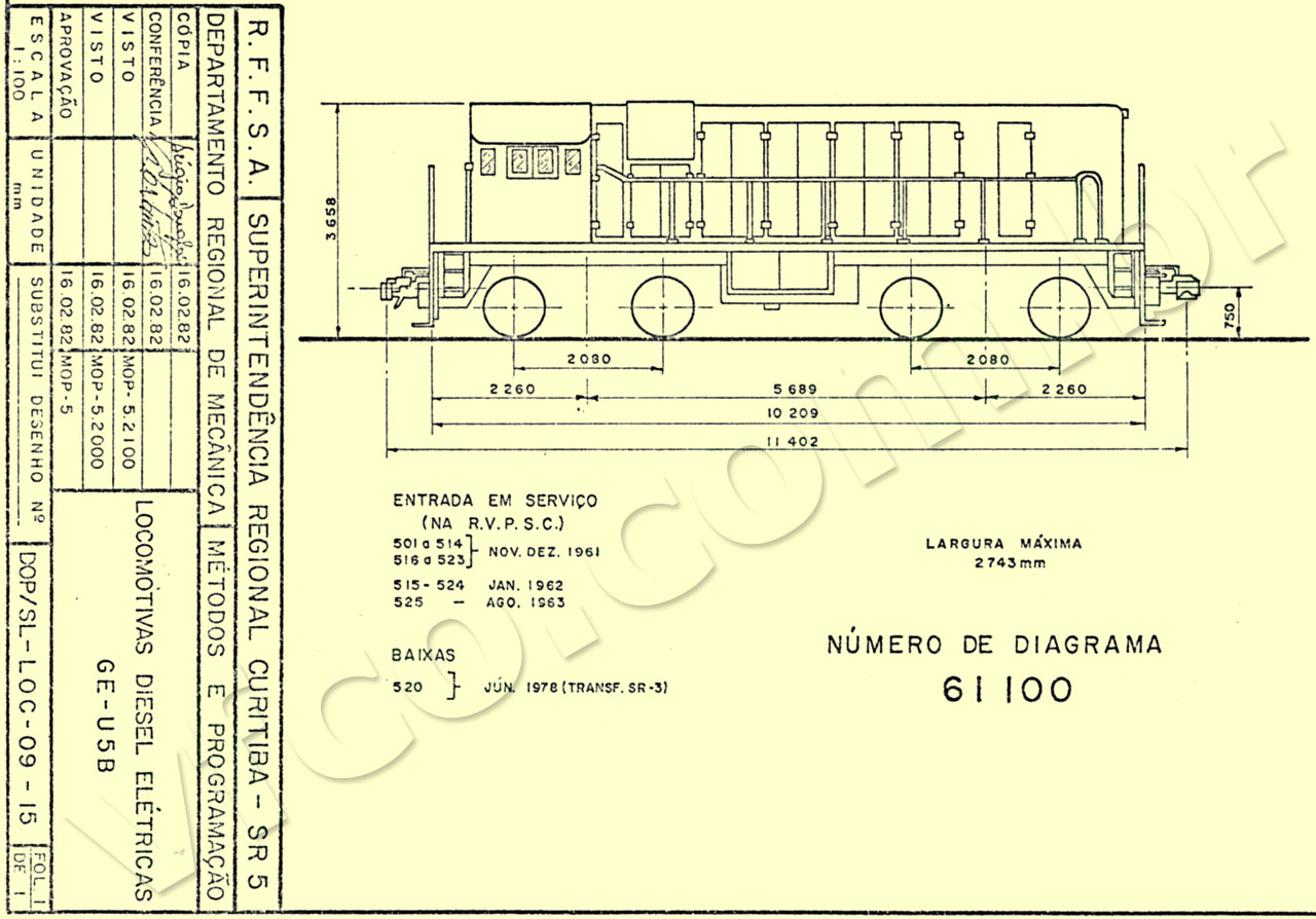 Desenho e medidas da Locomotiva diesel-elétrica U5B