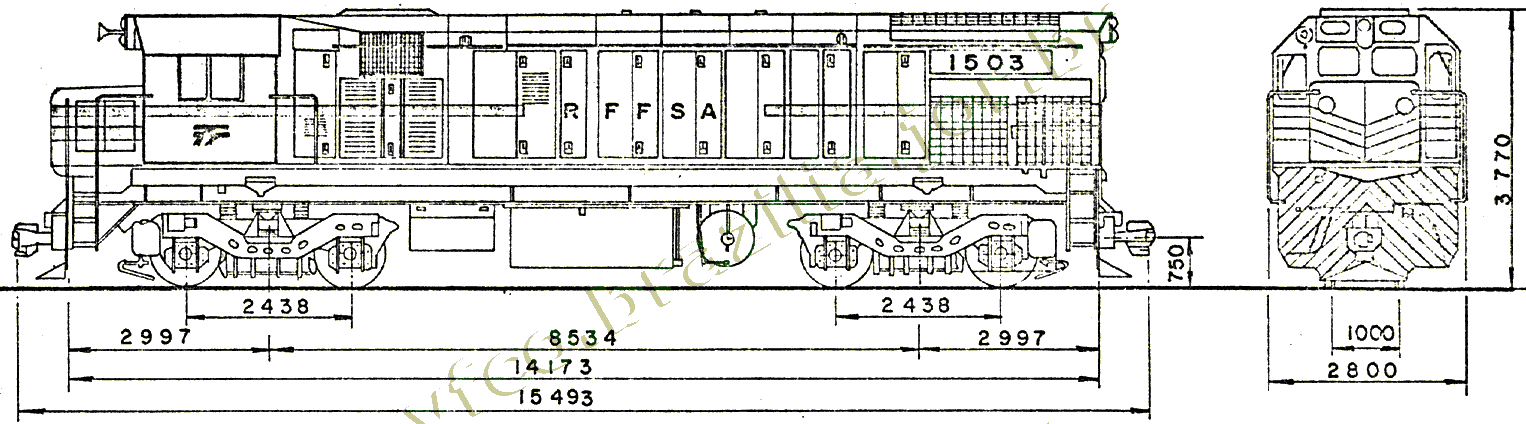 Desenho e medidas da Locomotiva diesel-elétrica G22U números 1501 a 1576