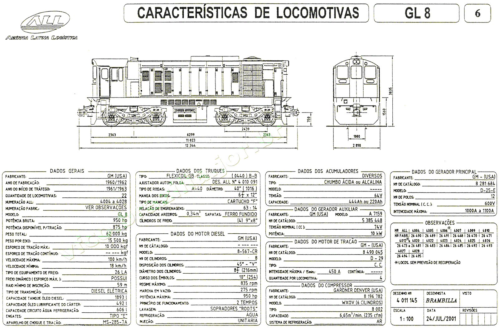 Desenho e características das Locomotivas GL8 nº 4004-4028 da ferrovia ALL